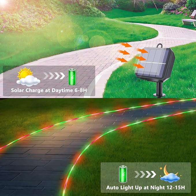 Jnaurb Solar Rope Lights, 66ft 200LED Solar String Lights, 8 Modes Waterproof Solar Outdoor Light, Flexible Clear Trampoline Light for Garden Backyard Patio Deck Porch Pool Tree Decor - Red & Green