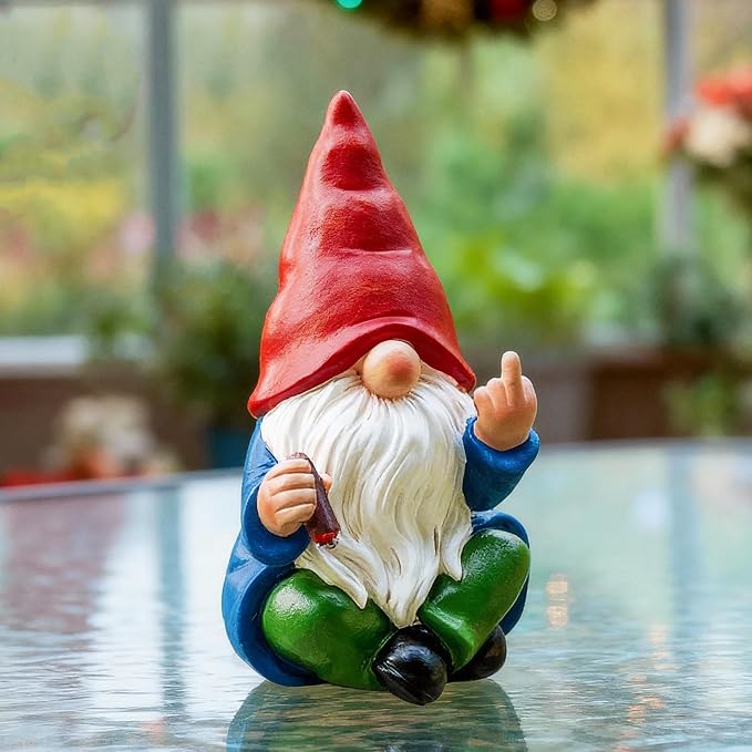 Middle Finger Gnome Statue 6.3in, Funny Smoking Garden Gnomes Yard Home Decoration - Hilarious Gag Birthday Gifts for Men Women, White Elephant Party - Indoor/Outdoor Decor