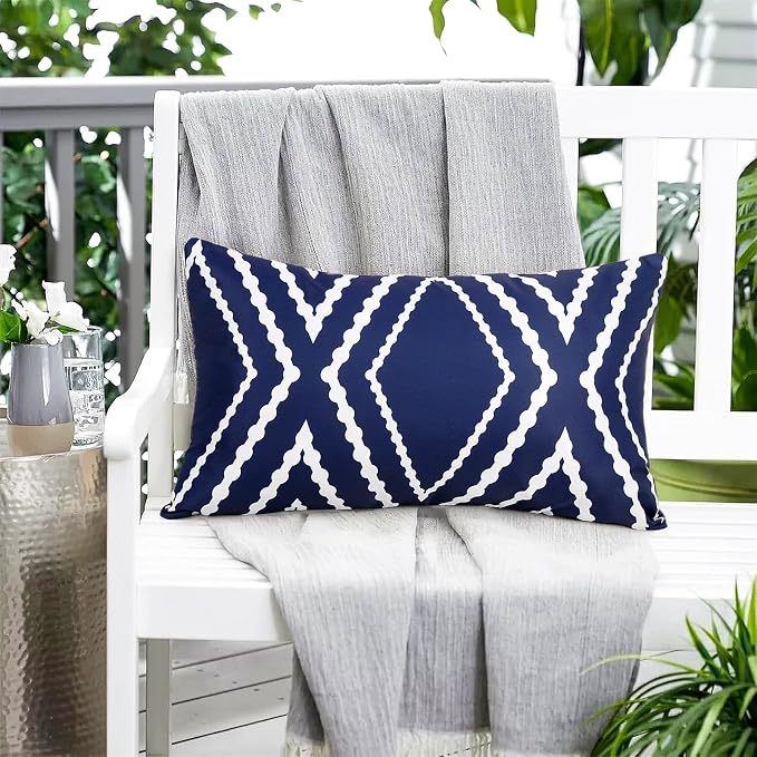 Adabana Outdoor Waterproof Pillow Covers 12x20 Navy Blue | Geometric Decorative Throw Pillow Covers Set of 2 for Patio, Garden, Porch, Farmhouse