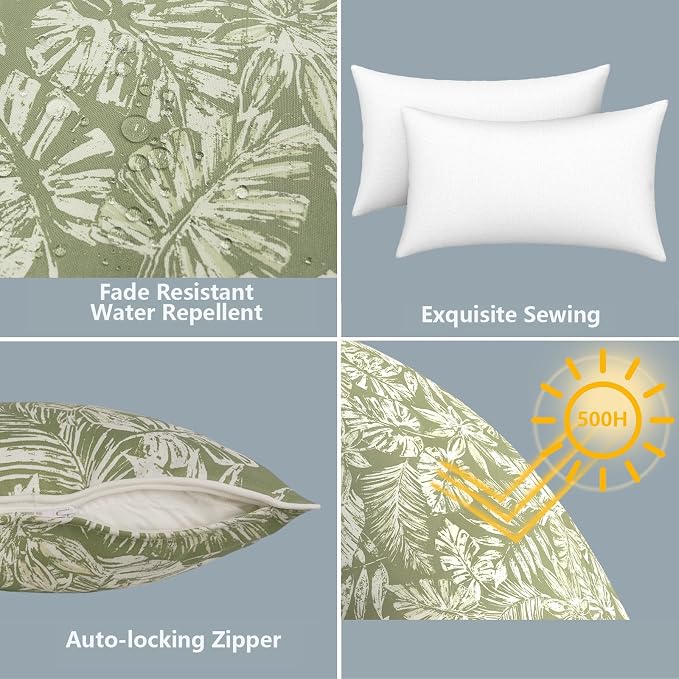 LVTXIII 2 Pack Outdoor Lumbar Pillows 12x20 Inch with White Piping, Fade Resistant Support Throw Pillows with Inserts for Patio Furniture, Sofa, Chair, Tropical Leaf Green