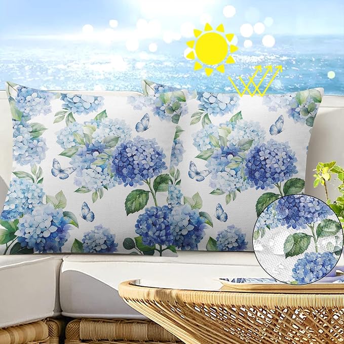 Throw Pillow Covers, Blue Hydrangea Floral, 18 x 18 Inch, Set of 2 | Waterproof outdoor square cushion case pillowcase for farmhouse garden couch beach patio decorative pillows