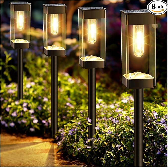 Bright Solar Pathway Lights Outdoor 8 Pack Solar Lights Outdoor LED Waterproof with 3000K Tungsten Filament Bulb Landscape Lighting for Yard, Driveway, Garden, Walkway, Lawn, Path | Solar Lights Outdoor for Yard Driveway Garden Walkway Lawn Path Decor,...