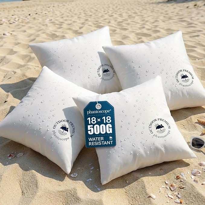 Phantoscope 18x18 Outdoor Pillow Inserts, Waterproof Outdoor Pillows, Water Resistant Throw Pillows with Logo Design, Square Form Couch Sham Cushion for Patio and Porch Furniture, 4-Pack