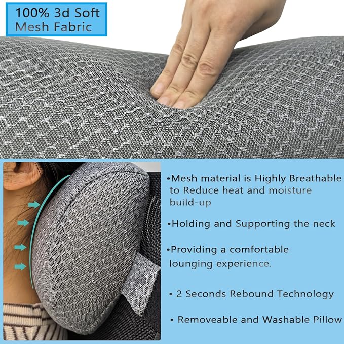 1 Pack Headrest Pillow for Patio Chaise Lounge,Recliner,Beach Chair,Gray | Resilient 3D mesh pillow with removable washable cover, adjustable elastic strap, ergonomic support, lightweight portable