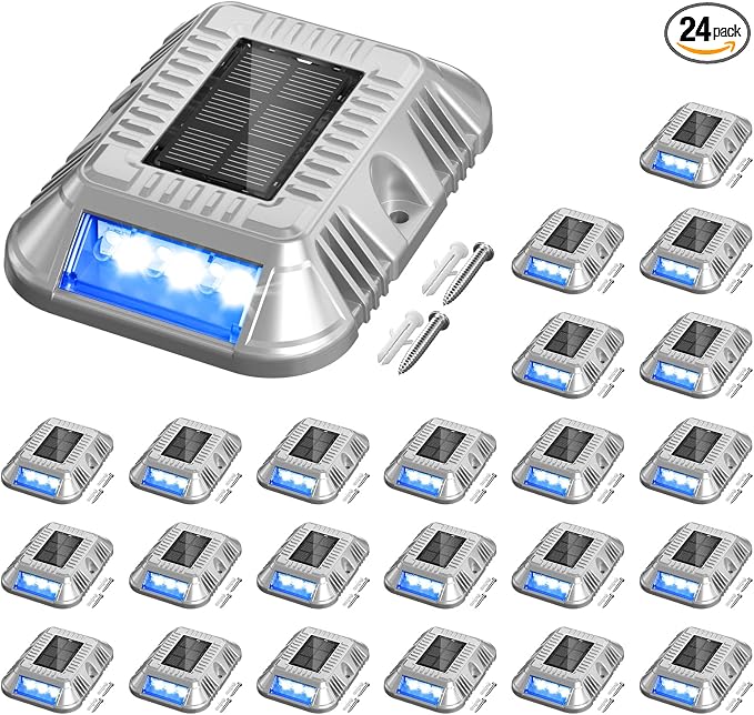 addlon Solar Dock Lights Marine 24 Pack, 2CCT Outdoor Driveway Marker Deck Lights, IP67 Waterproof, Solar Powered Deck Light for Pathway Warning Step Sidewalk Patio, Blue Light & Cool White, FCC