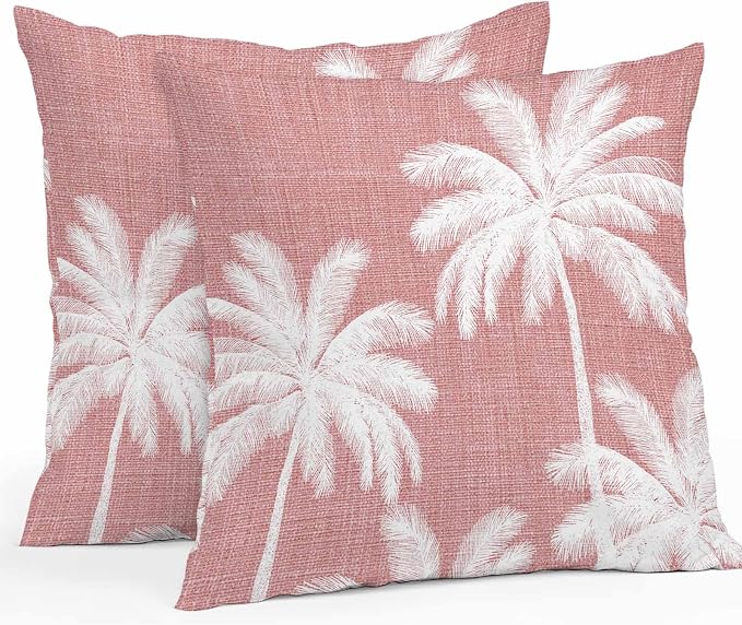 Outdoor Pillow Covers 16x16 Inch Set of 2, Pink Palm Trees Waterproof Throw Pillow Covers, Farmhouse Tropical Summer Beach Decorative Cushion Pillowcases for Couch, Sofa, Bed, Garden, Patio