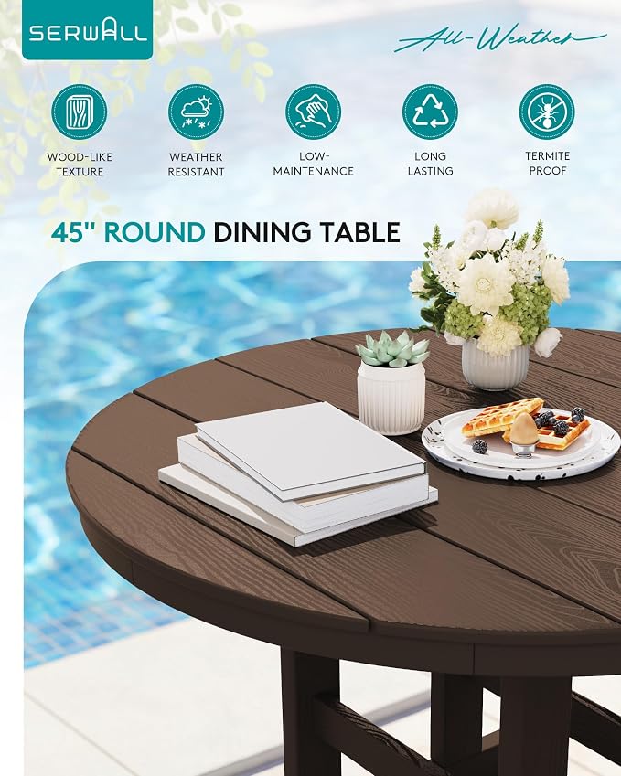 SERWALL 6-Piece Patio Dining Sets, HDPE Outdoor Table and Chairs Furniture Set with Umbrella, 45" Round Dining Table & 4 Armless Dining Chairs & 1 9FT Umbrella, Coffee(Not Include Umbrella Base)