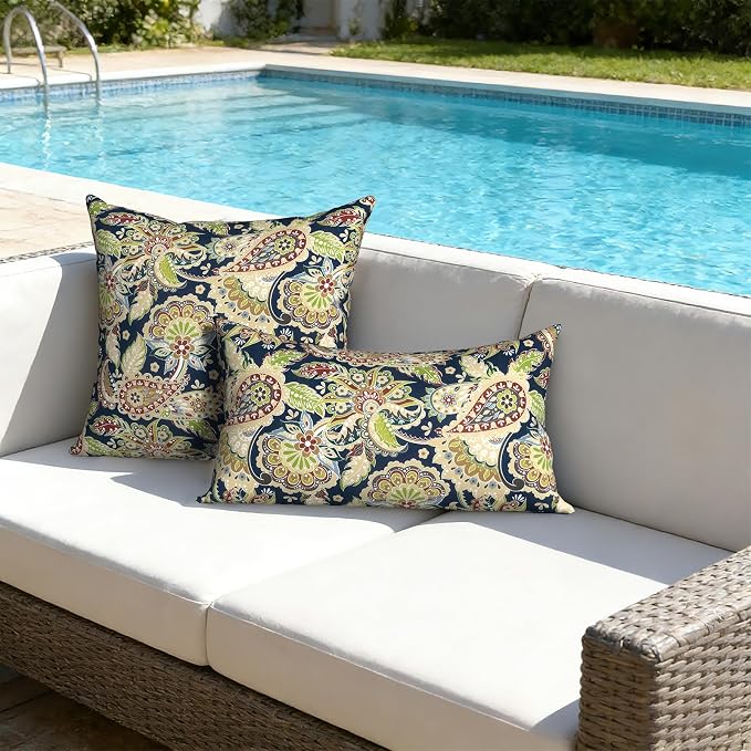 Outdoor Lumbar Pillows with Insert 12x20 Inch, Waterproof Throw Pillow for Patio Furniture, Decorative Lumbar Cushions for Garden Home Sofa Office Chair, Set of 2, Paisley Sapphire Blue