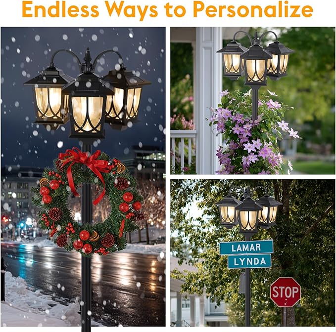 3-Head Solar Lamp Post Light, 73" Solar Lights Outdoor Waterproof, 60Lm 3000K Pathway Lights for Garden, Lawn, Yard