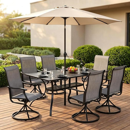 Crownland 7 Piece Furniture Patio Dining Set with Champagne Umbrella, 6 Swivel Metal Chairs and Rectangular Outdoor Dining Table, Outdoor Furniture Dining Set for Lawn, Backyard, Garden(Grey)