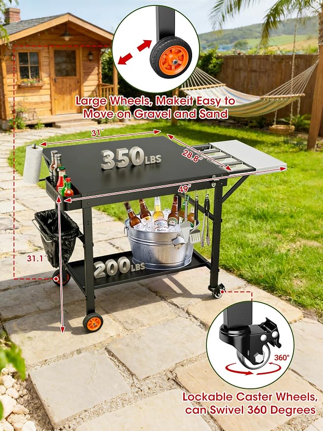 Outdoor Pizza Oven Table, Movable Grill Side Table, Expansive Countertop Pizzas Oven Accessories, Pizzas Stands for Party with Wheels, Fits Ooni Blackstone Ninja Cuisinart Gozney