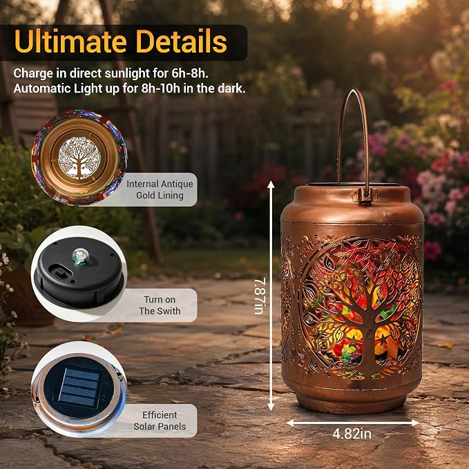 Tree of Life Solar Lantern Outdoor, Decorative Metal Solar Hanging Light with Colorful Light Pattern, Waterproof Garden Lantern for Patio, Yard, Porch, Balcony, Gifts for Women Mom Grandma