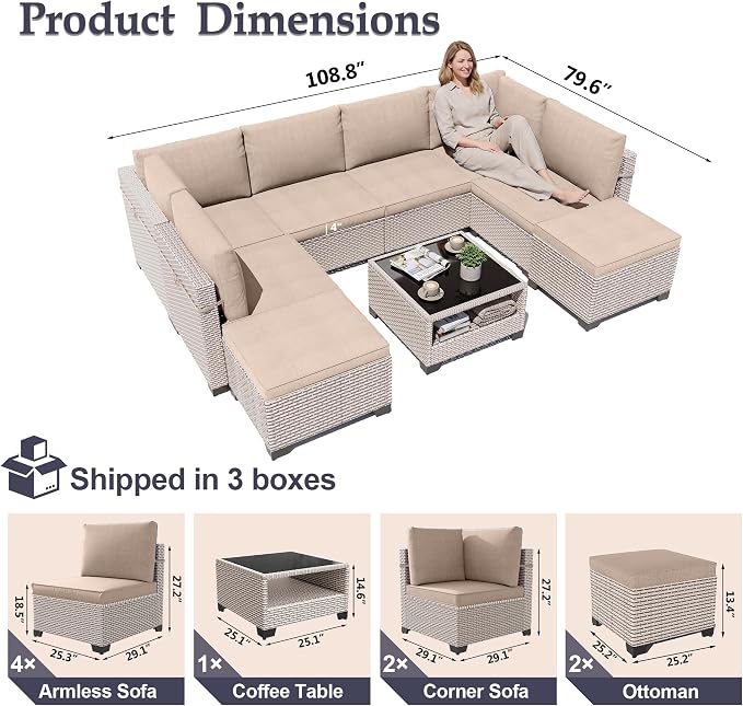 Patio Furniture Set, 9-Piece Outdoor Sectional Sofa with Ottomans & 2-Layer Glass Coffee Table, Wicker Patio Conversation Set with Khaki Cushions for Poolside