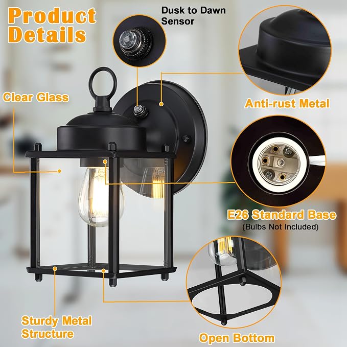 Outdoor Wall Light, Porch Lamp, Dusk to Dawn, Black | Exterior Wall Sconce Fixture for House, Garage, Patio, Rustproof Waterproof, Metal Housing with Glass, E26 Base, 4 Pack