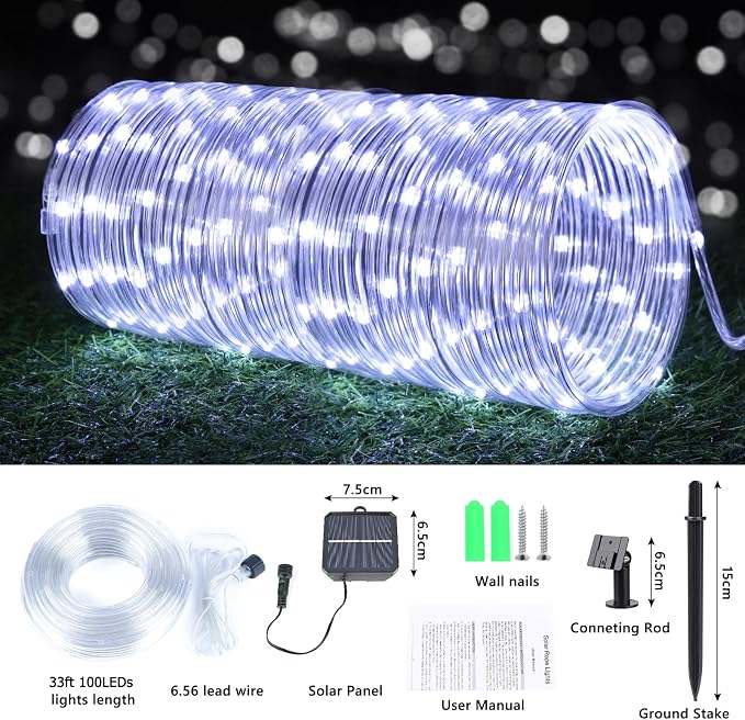 Jnaurb Solar Rope Lights, 33ft 100LED Solar String Lights, 8 Modes Waterproof Solar Outdoor Light, Flexible Clear Trampoline Light for Garden Backyard Patio Deck Porch, Pool Tree Decoration - White