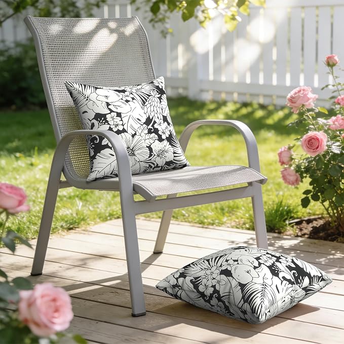 Outdoor Pillows with Insert 18x18 Inch, Waterproof Throw Pillow for Patio Furniture, Decorative Back Cushion for Garden Home Sofa Office Chair, Set of 2, Tropical Blossom Noir