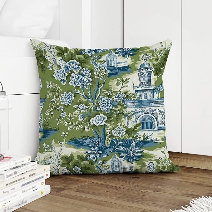 Pagoda Garden Imperial Green Chinoiserie Outdoor Throw Pillow Covers Asian Peacock Floral Waterproof Throw Pillowcase 24x24 in Rustic Accent Throw Pillow Covers for Patio Furniture Tent Garden