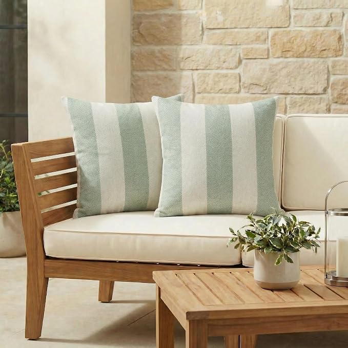 RSH DECOR: Sunbrella Square Pillows Set of 2 | 17" x 17" | Water & Fade-Resistant Performance Fabric | Outdoor Pillow Covers with Down-Alternative Inserts | Made in USA (Herringbone Stripe Mineral)