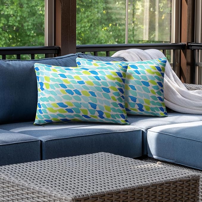 Juexica 2 Pack Chaise Lounge Pillow with Strap Outdoor Waterproof Beach Chair Neck Headrest Pillow Adjustable Elastic Band for Hammock Lumbar Recliner Pillows for Patio Pool Chair(Blue Green Pattern)