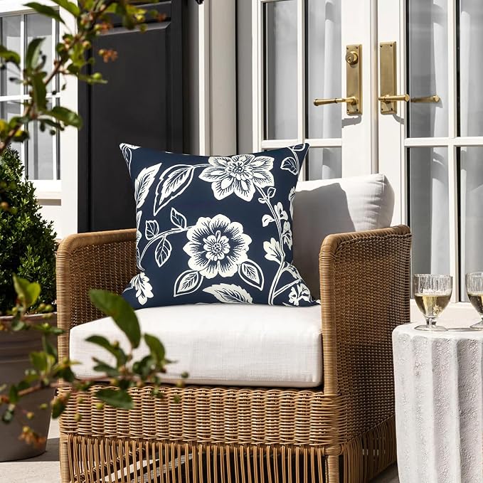 LVTXIII 2 Pack Outdoor Pillows 18x18 Inch, Square Throw Pillows with Inserts, Decorative Water-Repellent Pillow Cushions for Patio Furniture and Garden Sofa, Elegant Vines Navy