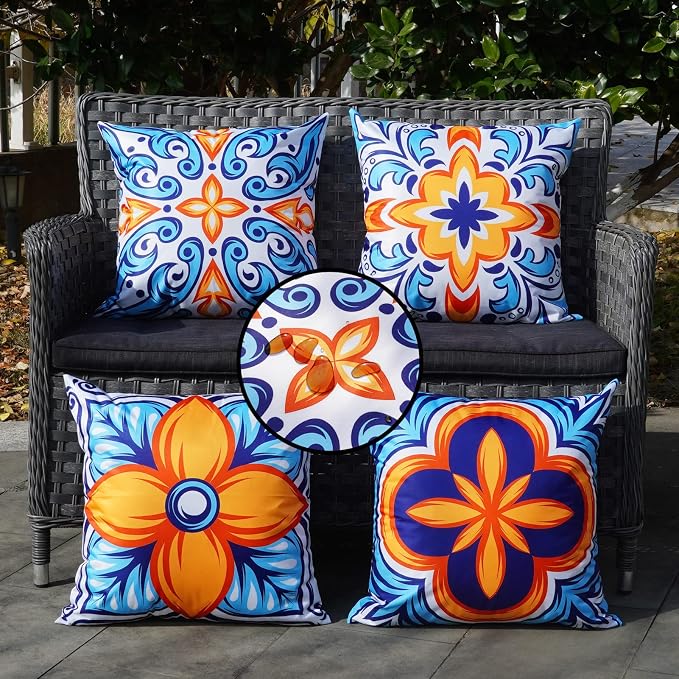 ONWAY Outdoor Pillow Covers Waterproof 20x20 Set of 4 Floral Boho Decorative Throw Cushion Cover Farmhouse Pillows for Bench, Couch, Patio Furniture