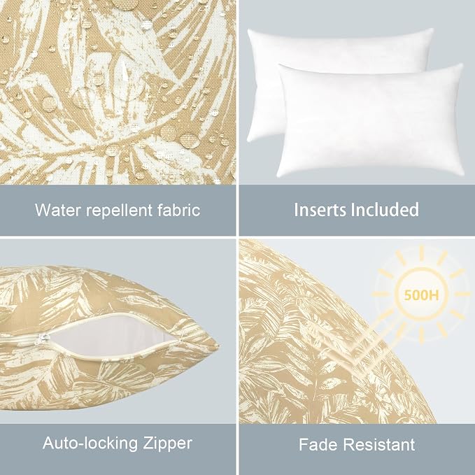 LVTXIII Set of 2 Patio Lumbar Pillows, 12" x 20" Fade Resistant Outdoor Lumbar Pillow with Inners, Fluffy Decorative Garden Lumbar Cushions for Home Patio Coach Sofa Use, Tropical Leaf Oat