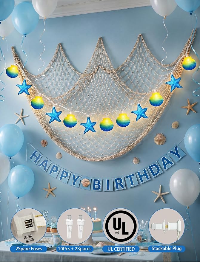 8.5Ft Beach Themed Seashell String Lights, 10 LED Starfish Lights Plug in | 1 Pack Fish Net, Connectable, Hanging Patio Lights UL Listed for Bedroo, Party, Holiday Decor, Indoor Outdoor, ,Wedding
