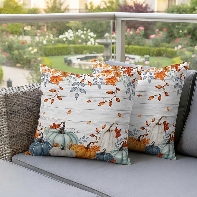 Fall Waterproof Outdoor Pillow Covers 24''x24'' Set of 2, Thanksgiving Maple Leaf Branch Vintage Wooden Patio Cushion Covers for Chairs,Decorative Blue Green Pumpkin Pillow Cases for Garden/Pool/Beach