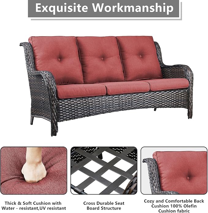 Rilyson Outdoor Patio Wicker Furniture Set - 5 Piece Rattan Patio Conversation Sectional Sofa Set with 1 Couch,2 Armchairs,2 Ottomans for Porch Deck Garden(Brown/Red)