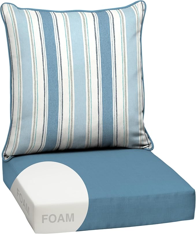 Arden Outdoor Deep Seat Cushion Set, Foam, 24x24, French Blue Stripe | Sofa, Couch, Conversation Set, Premium High-Density Foam, Never Flattens, Mold and Mildew Resistant