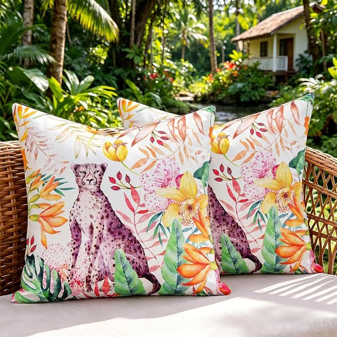 cygnus Summer Waterproof Outdoor Pillow Covers 18x18 Inch Tropical Jungle Floral Leaf Leopard Decorative Outdoor Pillows for Couch Patio Furniture Garden，Pack of 2