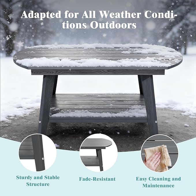 HIPS Outdoor Patio Furniture Coffee Table, All-Weather Outdoor Coffee Table, Modern Rectangle Coffee Table for Balcony, Garden, Slanted Leg