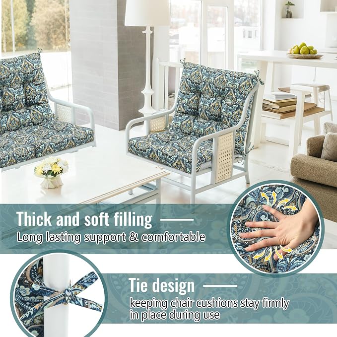 Marsui 4 Pcs Outdoor Indoor High Back Chair Cushions Patio Furniture Tufted Pillow with Ties Water-Resistant Replacement Outdoor Rocking Chair Cushions, 42 x 21 Inches (Blue,Paisley)