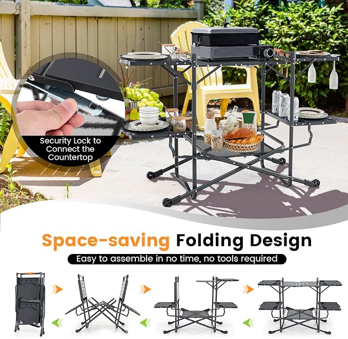 Goplus Camping Kitchen Table Station, Outdoor Portable Grill Table with Aluminum Tabletop, 4 Side Tables, Storage Rack, Folding Cooking Table for Outside Picnic BBQ RV Garden Patio Dining