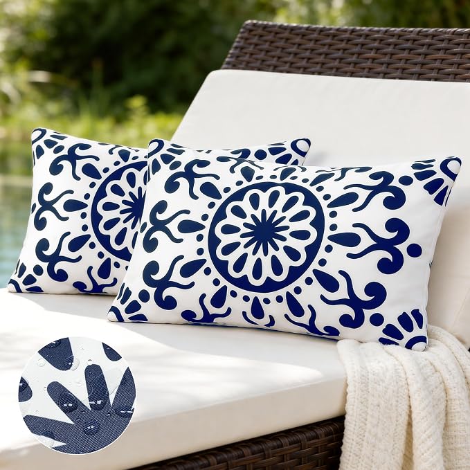 Set of 2 Navy Blue Outdoor Waterproof Pillow Covers 12x20 Inch | Morocco Tile Floral Decorative Throw Pillow Cover, Abstract Boho Outdoor Cushion Cases for Patio Funiture Garden Couch Bench