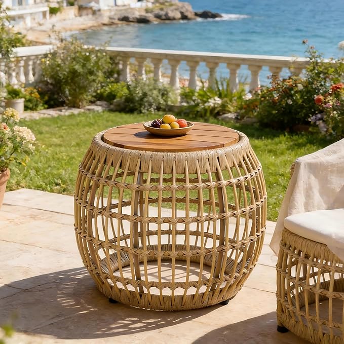 Polibi Outdoor Side Table with Handwoven Wicker Base, Weather-Resistant Outdoor/Indoor Accent Table for Patio, Balcony, Garden, Coastal & Farmhouse Decor(Light Brown)