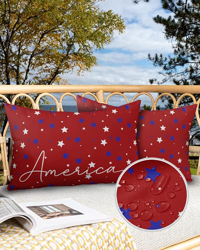 Pentagram Outdoor Pillow Shams Set of 2, Decorative Pillowcases Cushion Case, Soft Throw Pillow Covers Waterproof Pillow Case 20x12 Inch, American Patriotic Stars Red Blue