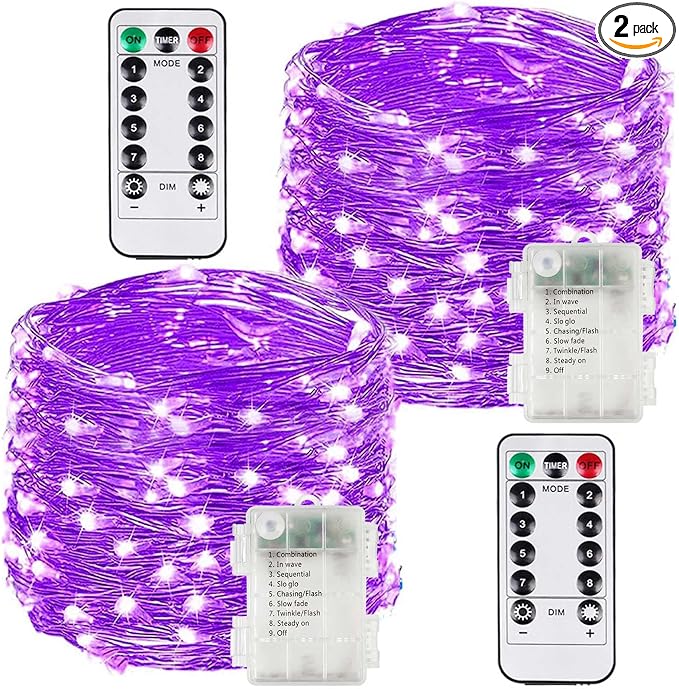 2 Pack 100 LED Fairy Lights Battery Operated with Remote, Halloween Light | 33 FT, Purple, 8 Modes, Timer, Dimmable, IP44 Waterproof Battery String Lights for Indoor Outdoor, Halloween Decorations