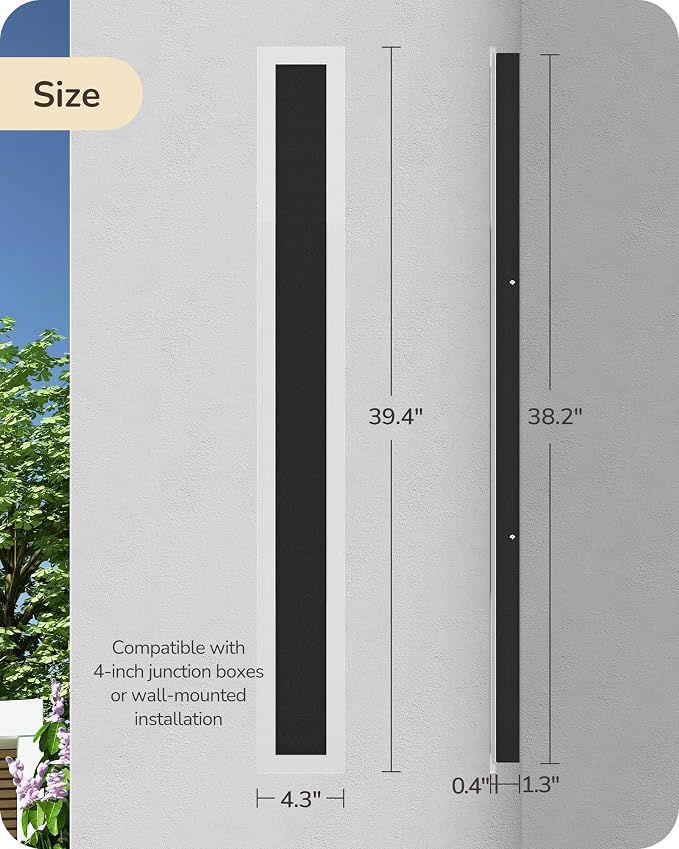 EDISHINE Outdoor Wall Light, Upgraded 2 Pack 39.4" LED Linear Modern Sconce | Adjustable Brightness & Color Temperature, IP65 Waterproof, Memory Function, Long Exterior Lighting Fixture for Garage