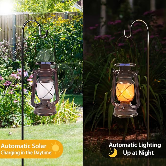 Solar Lanterns Outdoor Waterproof, 2 Pack Bronze Flickering Flame Lights | Vintage LED Hanging Lantern, Outdoor Decorative Lights for Patio, Porch, Garden, Yard, Pathway, Camping