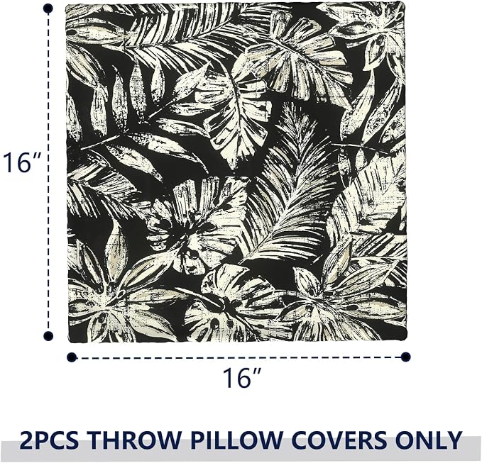 Outdoor Pillow Covers 16x16 Inch Set of 2 Waterproof Decorative Throw Pillow Covers Patio Pillow Cases for Patio Furniture Garden Couch Farmhouse,Tropical Leaf Black