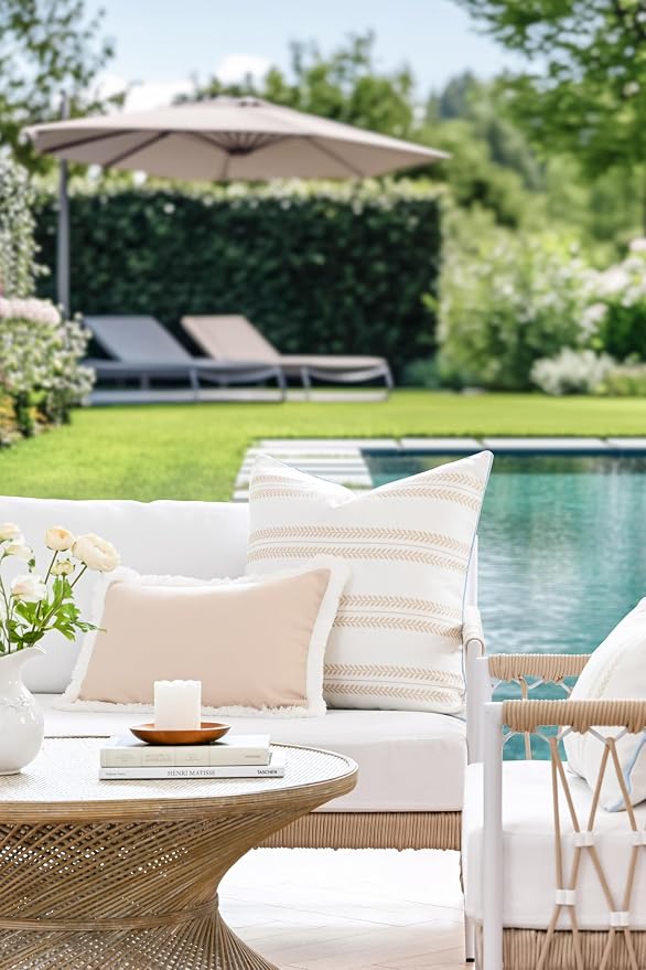 Hofdeco Premium Coastal Hampton Patio Indoor Outdoor Lumbar Pillow Cover Only, 12"x20" Water Repellent for Backyard, Couch, Poolside, Neutral Tan Print Solid