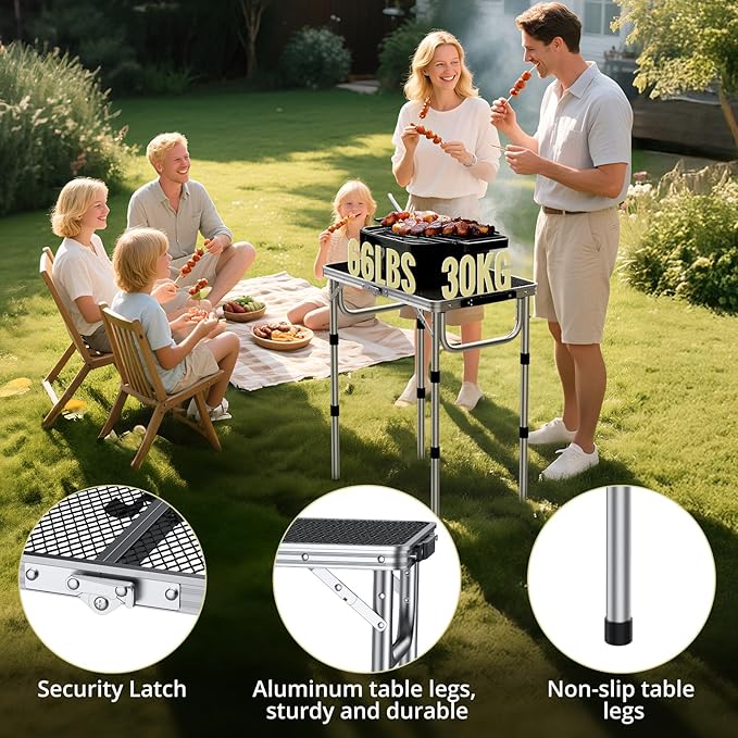 Anbte 2ft Folding Grill Table, Adjustable Height Max 27.5" Aluminum Camping Table, Heat-Resistant Tabletop, Lightweight, Portable Handle for Travel Cooking BBQ Picnic, 22.8" x 16", Silver
