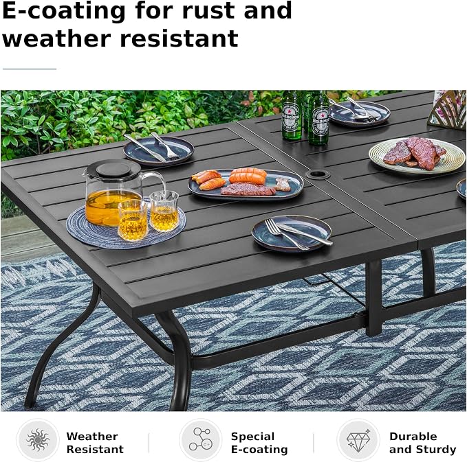 MFSTUDIO Outdoor Patio Dining Table, 6 Person Metal Patio Furniture Table with 1.57" Umbrella Hole for Deck,Backyard,Lawn,Garden (Black)