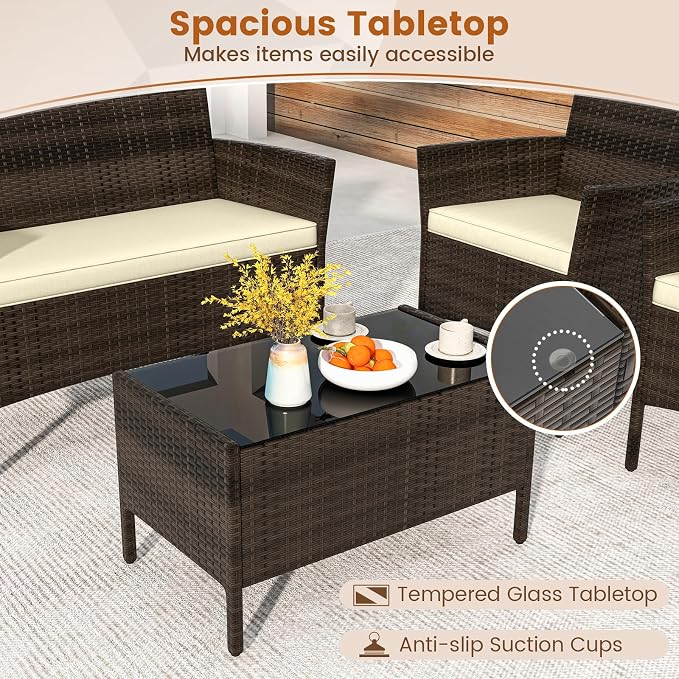HAPPYGRILL 8 Pieces Outdoor Rattan Conversation Set, Patio Wicker Furniture Set with Loveseat Chairs & Tempered Glass Coffee Table, Outside Sectional Sofa Set for Backyard, Garden & Poolside