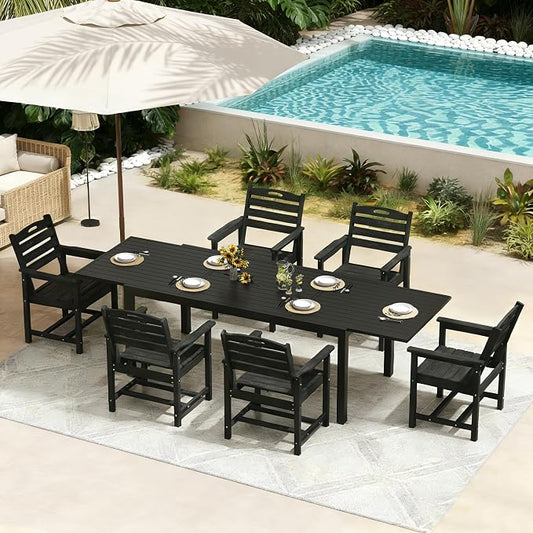 PIZZELLO 7 Pieces Outdoor Dining Set, 106" Extendable Aluminum Patio Dining Table w/ 6Pcs HDPE Patio Chairs, All Weather Outdoor Table and Chairs Sets for Backyard, Garden and Deck