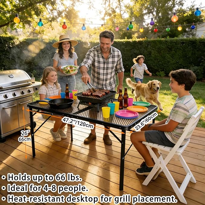4 ft Folding Table with Metal Mesh Desktop, Grill Table Camping Table with Carry Handle,Adjustable Height (16.5" & 26"), Outdoor Table for Camp, Cooking, BBQ, RV, Picnic,Fits 4–8 People,Black