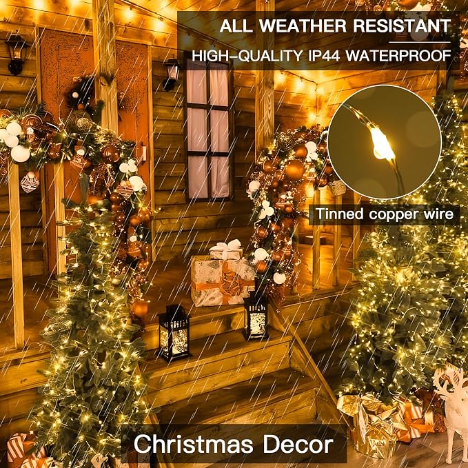 Solar Fairy Lights Outdoor, 2 Pack Twinkle Lights Warm White | Total 66ft 200led solar lights with 8 Lighting Modes. Copper Wire string Lights for garden, yard, patio, fence outdoor decor