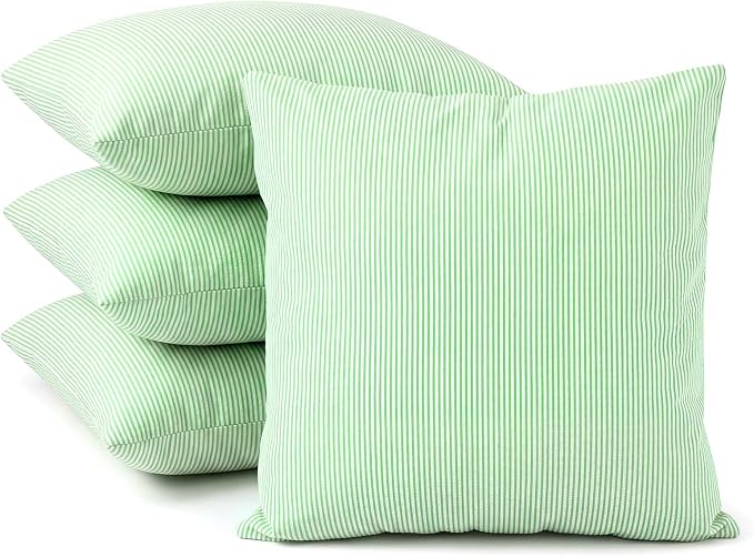 Huhumy Green Throw Pillow Cover 18" x 18" for Home Decoration Striped Modern Style Decorative Cushion Covers No Inserts Seersucker Pillow Cover for Living Room, Chair, Bed, Couch, Set of 4