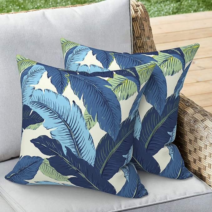 Outdoor 16x16 Inch Throw Pillow Covers Set of 2, All Weather Square Pillow Cases, Covers ONLY, Patio Cushion Pillow of Home Furniture Use, Swaying Palms Blue